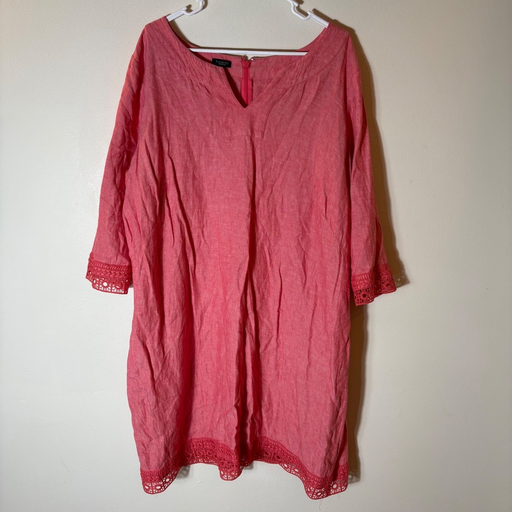Talbots Woman Petite Coral Pink Linenโ Blend Crochet Trim V Neck Dress 20WP